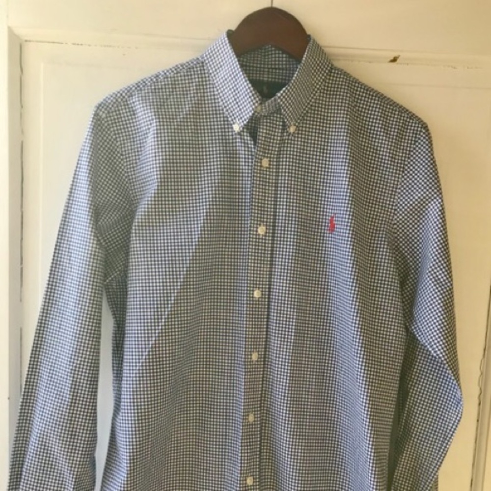 Dark blue and white checkered button down shirt